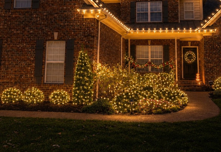 Bushes and walkway glowing with warm white lights