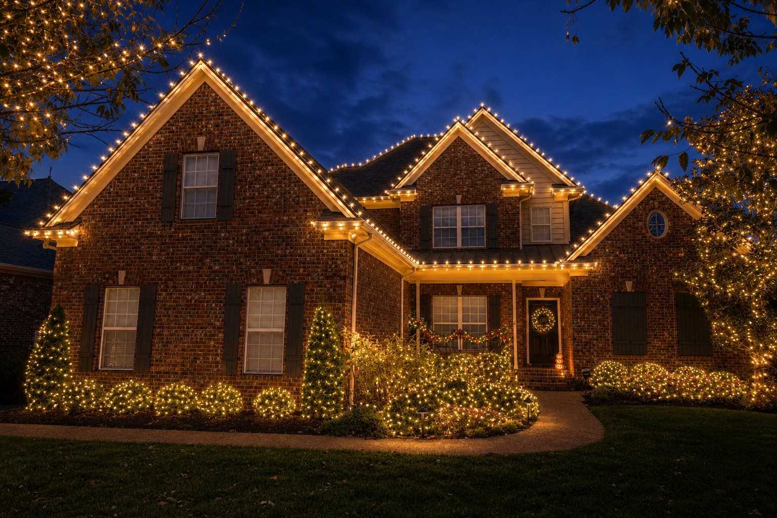 Brick estate with classic warm-white C9 lights tracing every roofline peak, with lit bushes and evergreens